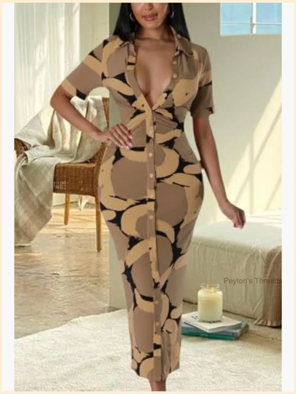 Button Down Shirt Dress Short Sleeve V Neck Bodycon Midi